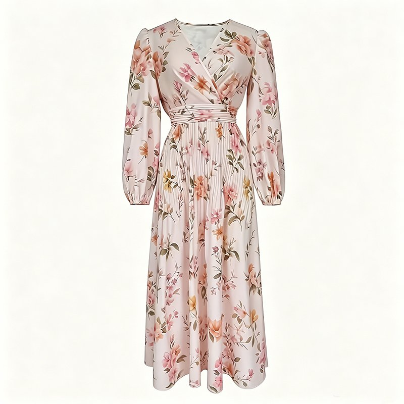 Vestido Midi Chiffon com Estampa Floral para Fornecimento de Fábrica, Manga Longa, Decote em V, Cintura Reunida, A Linha, Casual, para Escritório, Convidada de Casamento, Vestido de Verão, Logotipo Personalizado