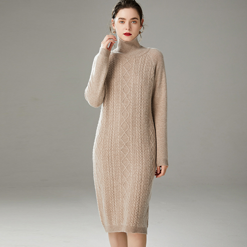 Vestido de malha de gola alta de manga longa em cor sólida casual de inverno