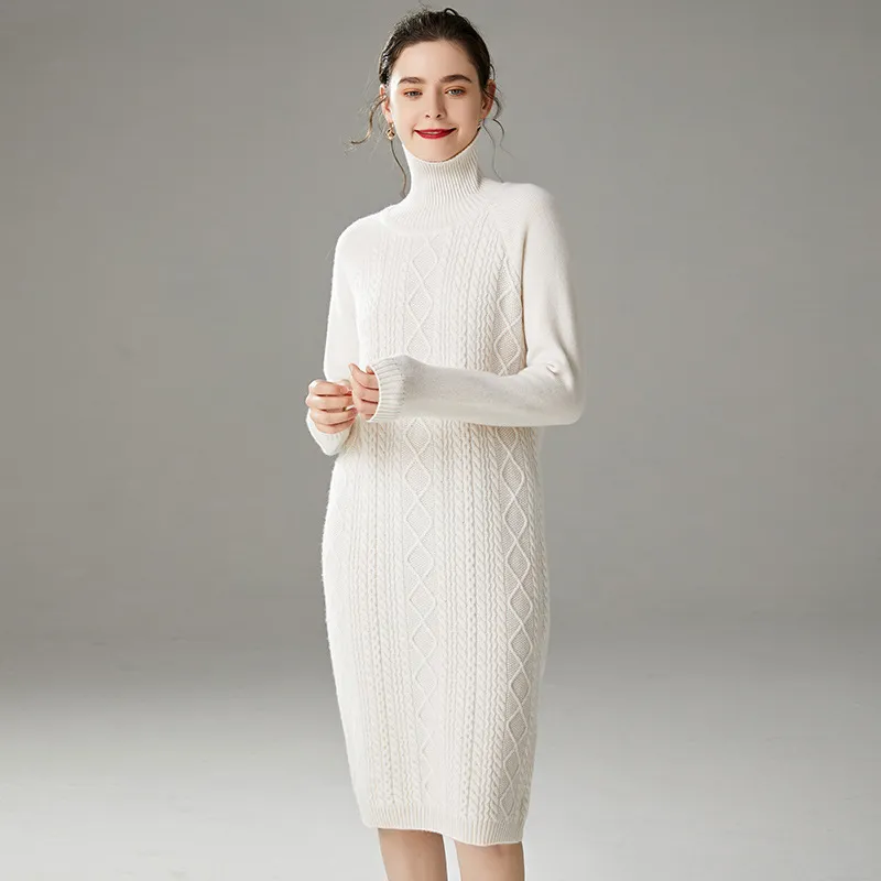 Vestido de malha de gola alta de manga longa em cor sólida casual de inverno