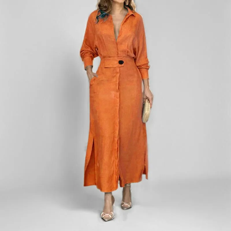 Vestido Camisa Feminino Sólido com Fenda Personalizável Casual Decote em V Manga Longa com Bolsos Saia Longa Vestido de Rua para Mulheres