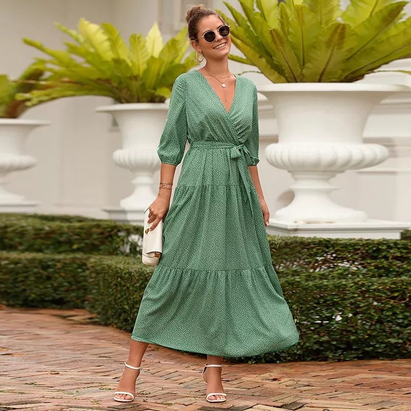 Vestidos Elegantes para Mulheres Adultas Maxi Tamanho Plus Vestido Verde com Poás Mulheres Roupas Casuais com Cinto de Cintura Envolvente com Babados