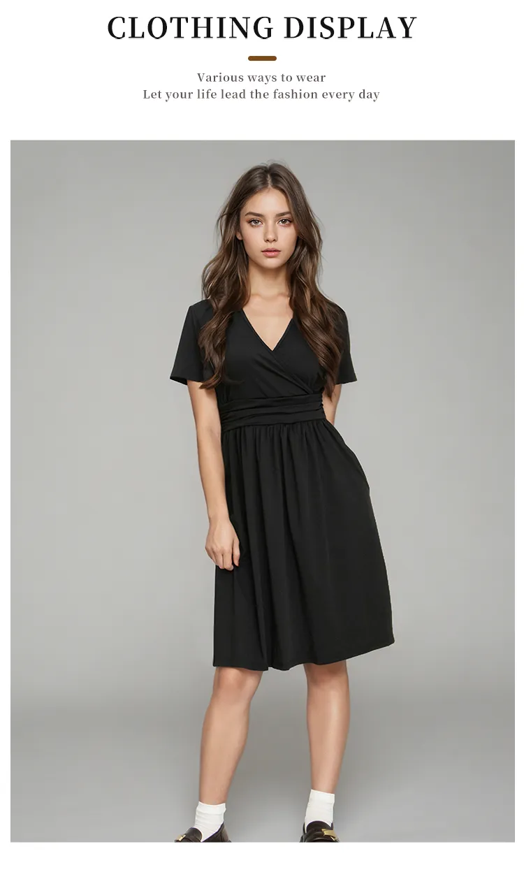 Vestido Casual de Manga Curta, Solto, Decote em V, Envolvente, Comprimento até o Joelho