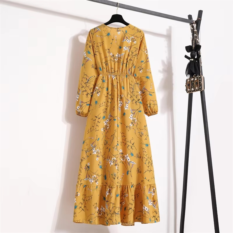 Vestido Maxi Boho de Primavera Verão para Mulheres Airy, Mangas Longas, Delicados Designs Florais, Gola Redonda, Casual e Elegante para Festas na Praia