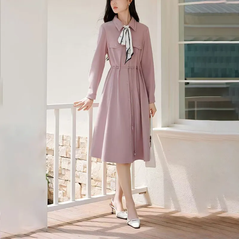 Novo Estilo Estilo Francês Blusa Vestido Casual de Manga Longa com Gola Ajustada para o Dia