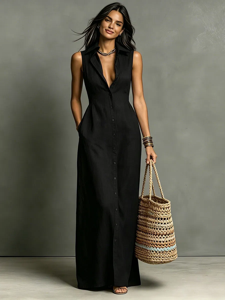 Vestido midi casual sem mangas com lapela e botões, em cor sólida, com bolsos