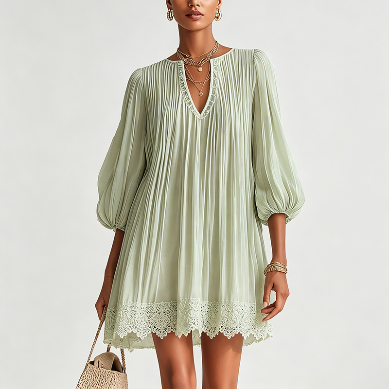 Vestido Mini de Manga Bufante com Decote em V e Barra de Renda Plissada Verde Claro, Vestido Casual Boêmio para Férias