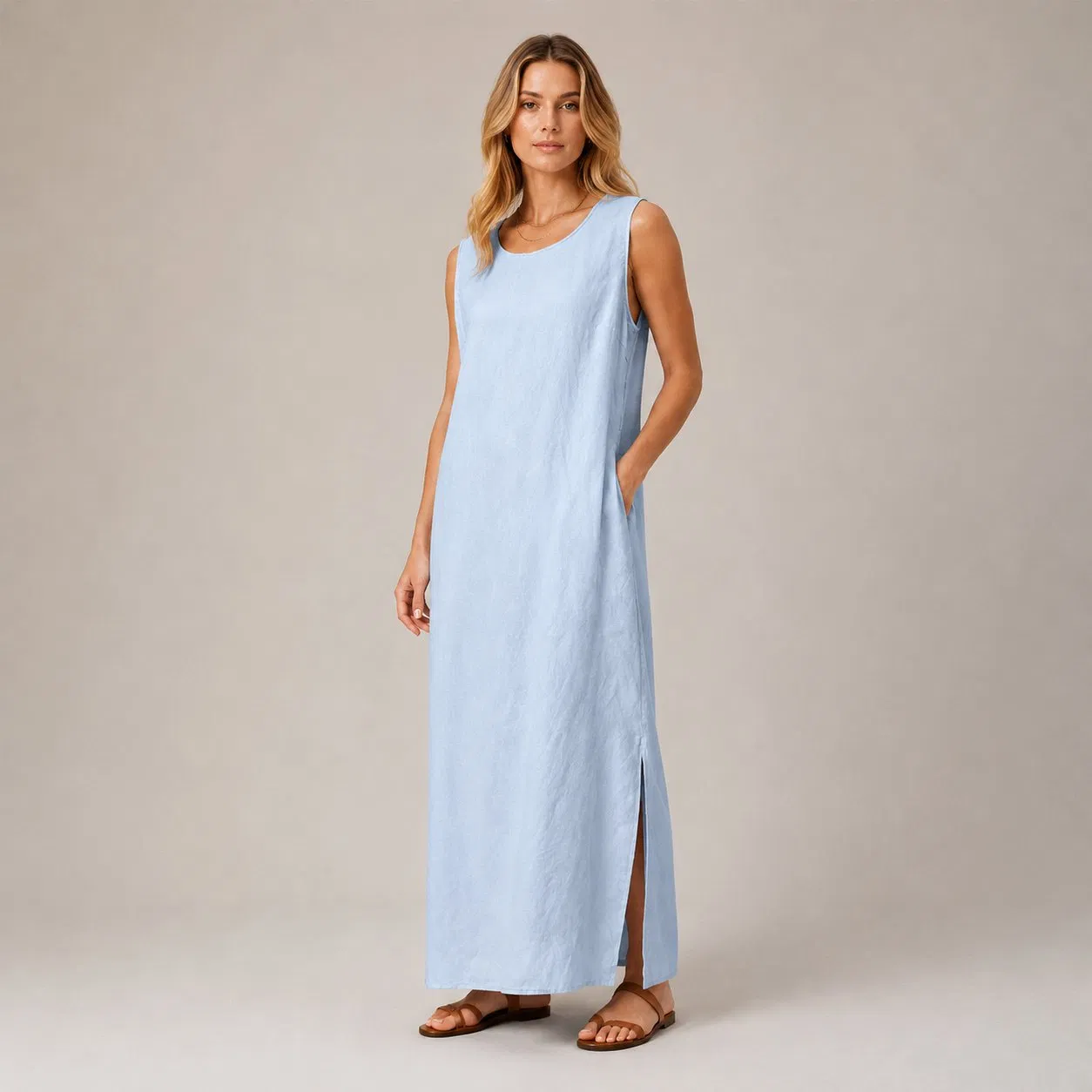 Vestido Longo Sem Mangas Lady Linen com Laço nas Costas e Fenda Lateral Roupas Casuais de Verão para Férias Atacado Personalizado