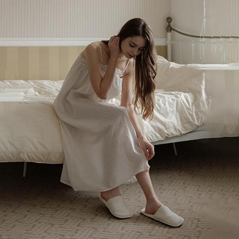Vestido Longo Casual de Algodão com Renda em Cor Sólida para Mulheres