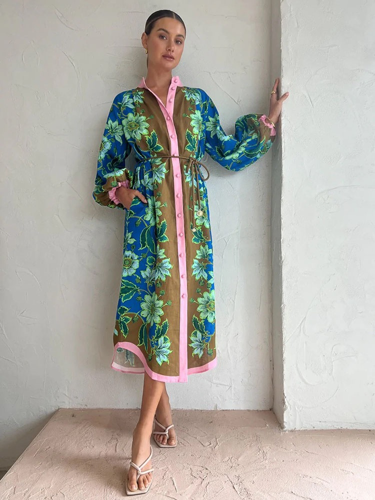 Moda Especial Interesse Alta Qualidade Vintage Estampado Estilo Férias Camisa Vestido Casual