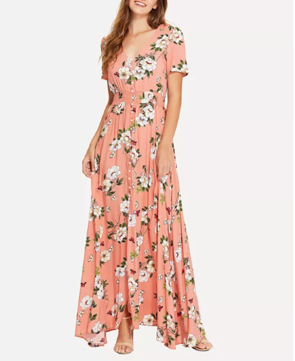 Vestido Maxi de Praia Elegante Urbano com Botões Florais Casuais para Mulher