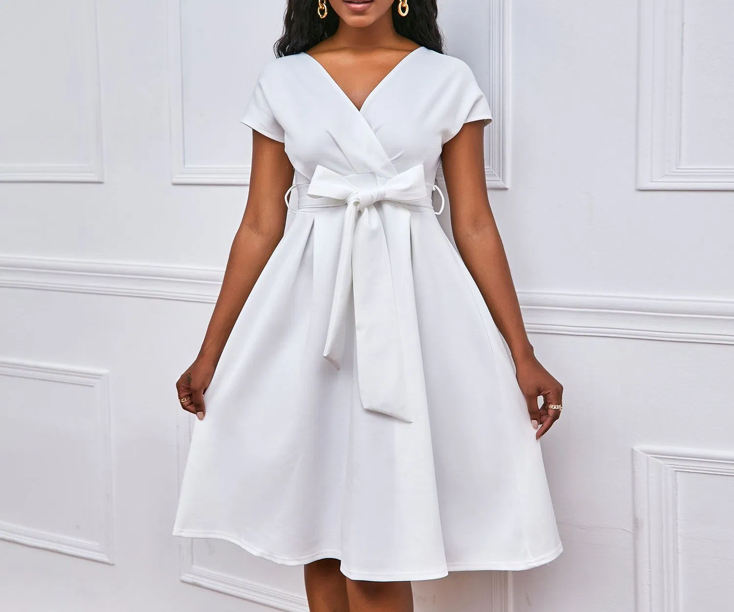Último Design Laço Bandagem Elegante Vestidos Casuais Vestido de Escritório para Mulheres Vestido Formal de Trabalho Cintura Alta A-Line Vestidos de Noite