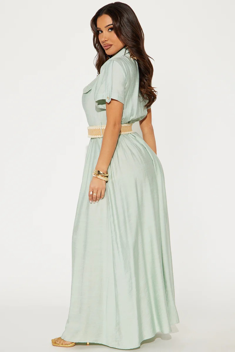 Vestido Maxi de Camisa de Seda para Mulheres com Gola, Manga Curta com Bolsos no Peito, Frente com Botões e Fenda Alta, Vestido Longo Fluido com Cinto Combinar para Férias e Uso Casual