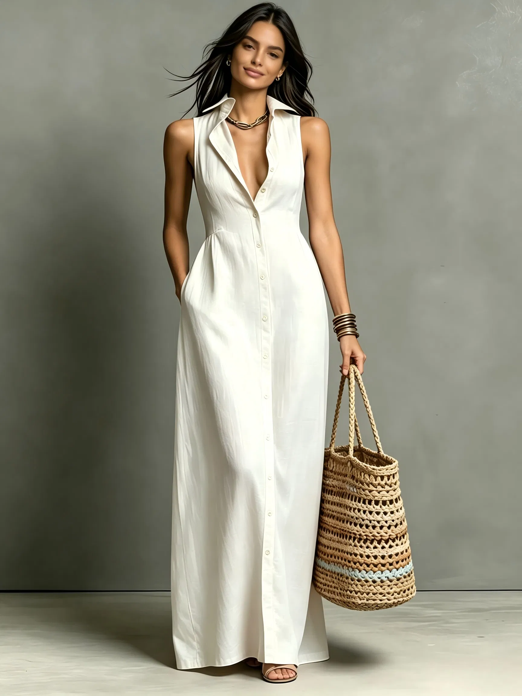 Vestido midi casual sem mangas com lapela e botões, em cor sólida, com bolsos