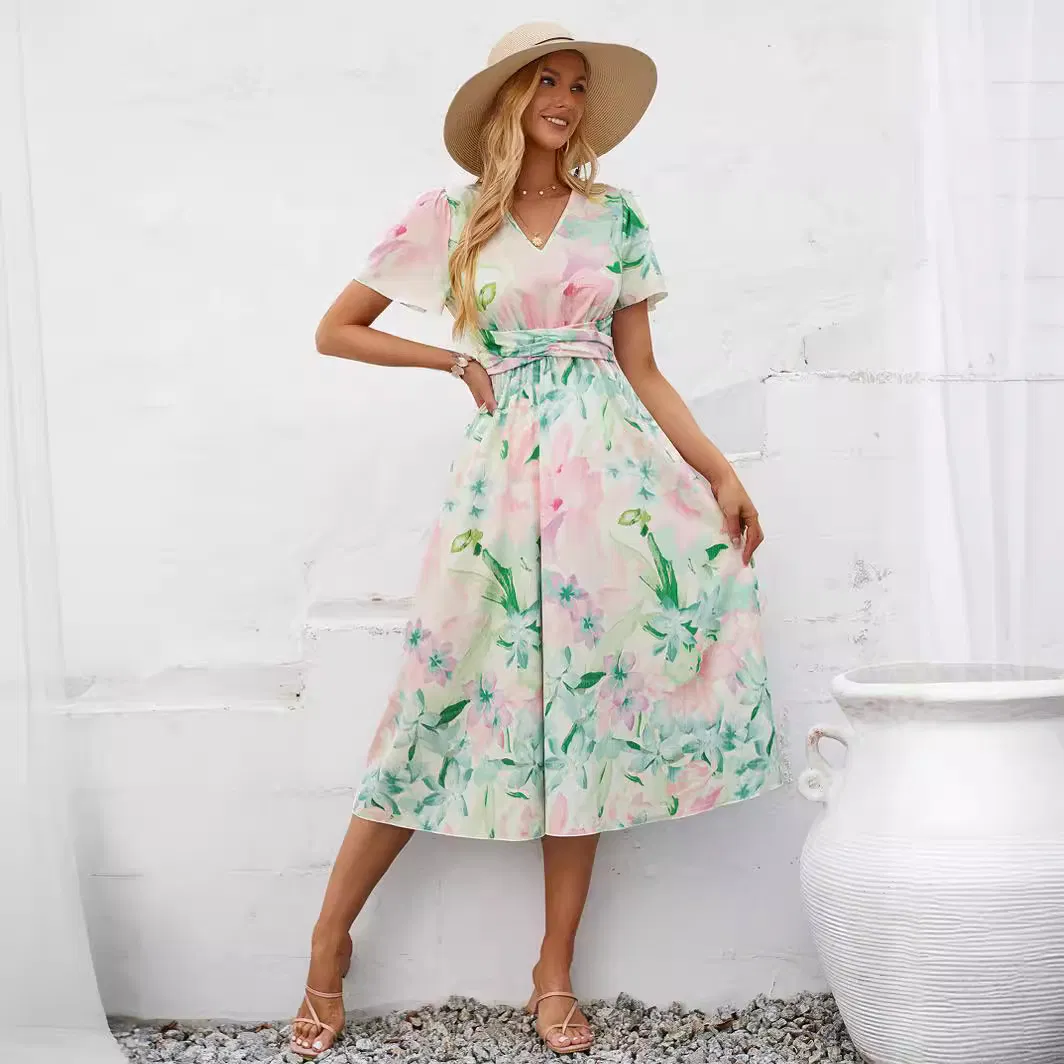 Vestido V-de-Corte de Manga Curta Estampado Casual de Verão para Mulheres, Estilo Fresco