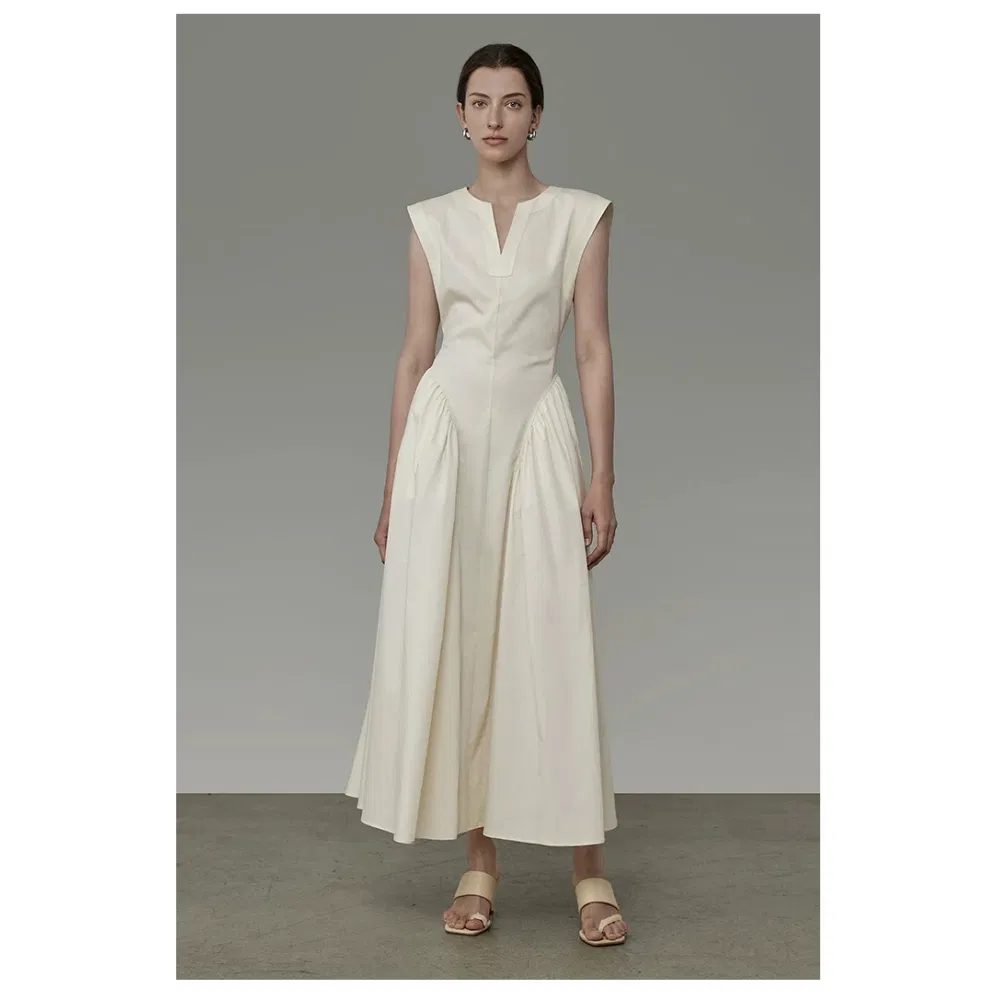 Vestido Maxi Branco de Algodão Sem Mangas para Trabalho Escritório Casual Personalizado Elegante para Mulheres Novo Design