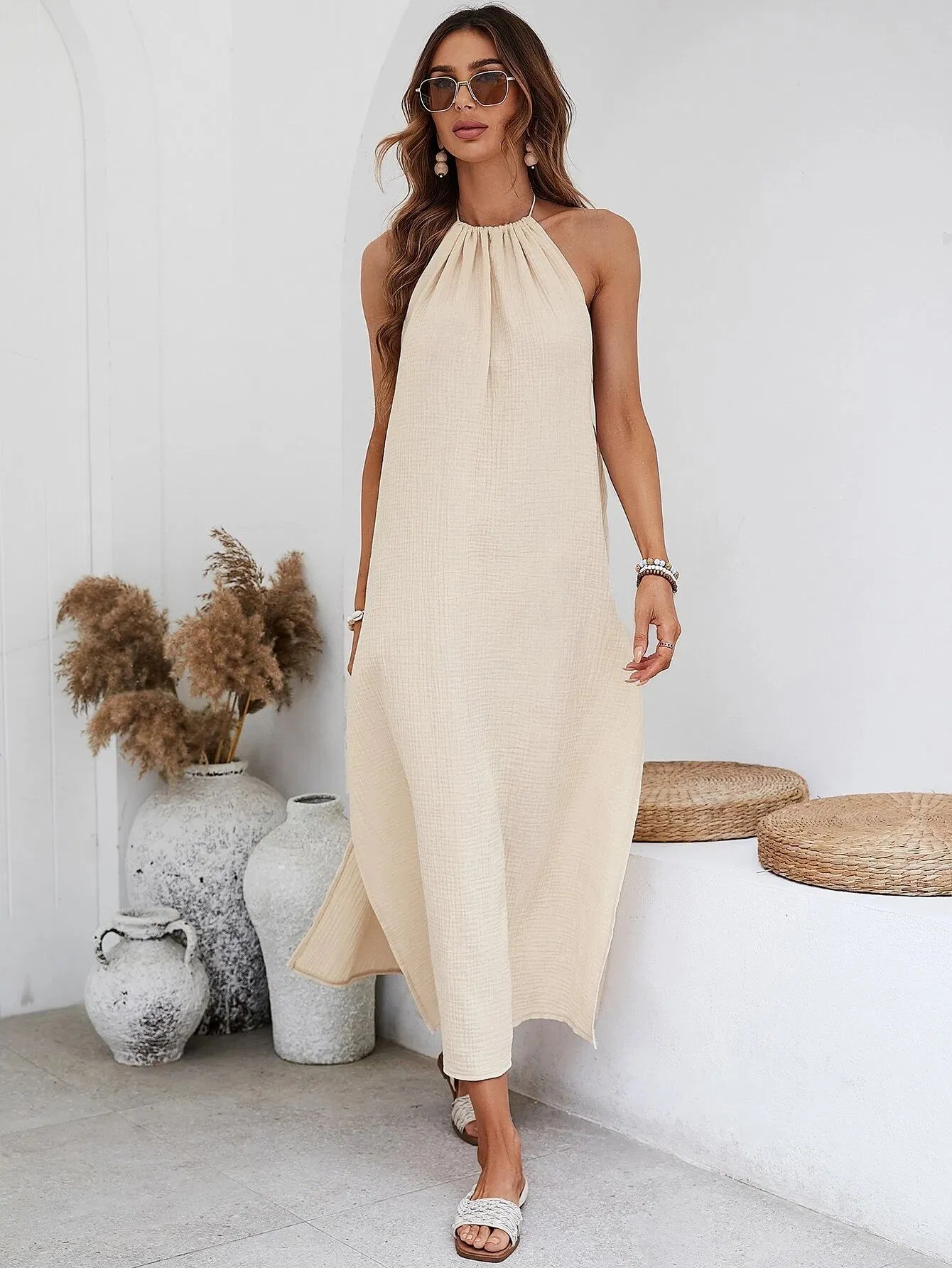 Vestido Maxi Sem Costas com Fenda para Mulheres, Roupas Casuais de Verão para Praia