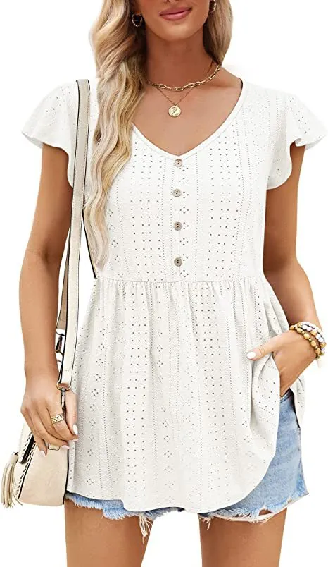 2023 Vestido Curto Casual Slim com Decote em V, Botões e Renda, T-Shirt Longa de Algodão Solta para o Verão, Tricô Jacquard para Mulheres