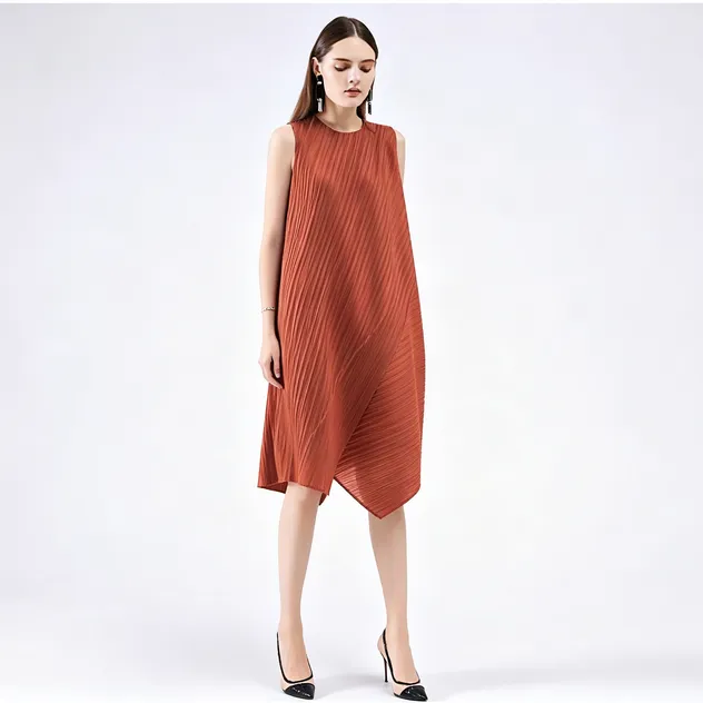 Vestidos Casuais de Verão Femininos Novos Sem Mangas em Cores Sólidas Soltos e Fashionáveis