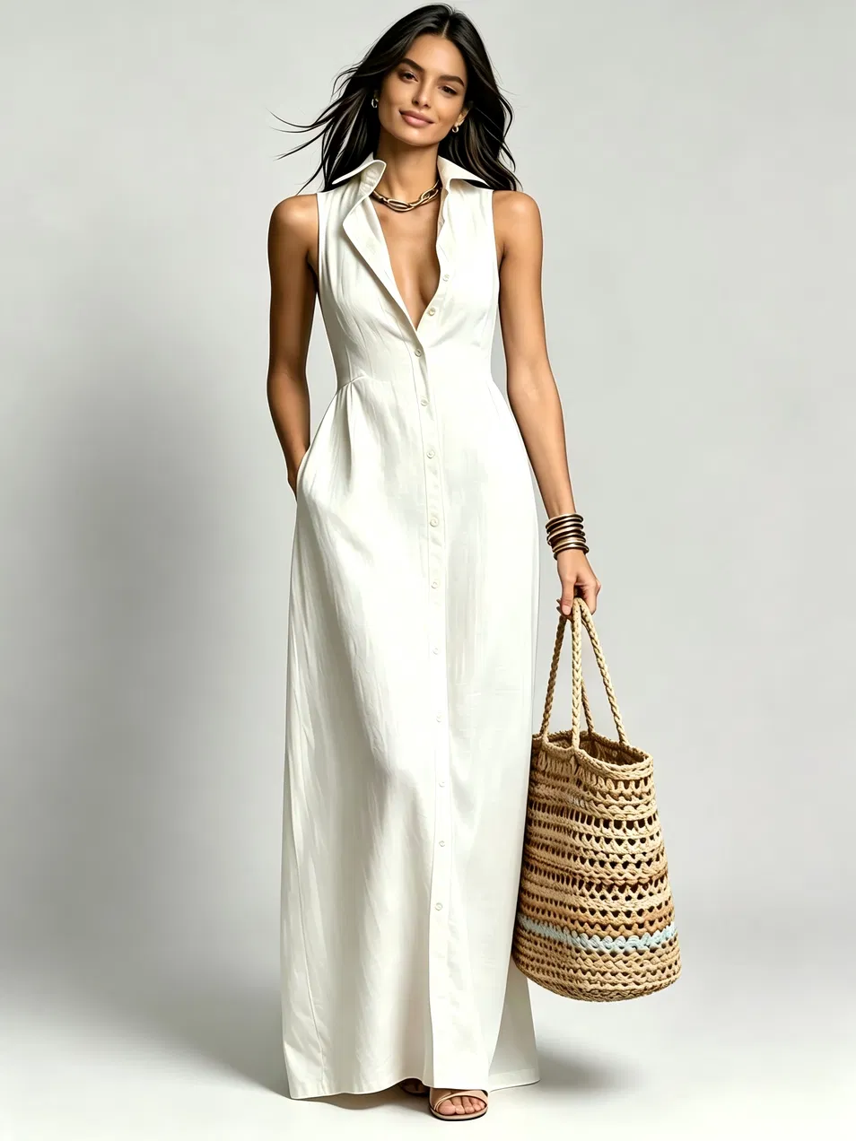 Vestido midi casual sem mangas com lapela e botões, em cor sólida, com bols