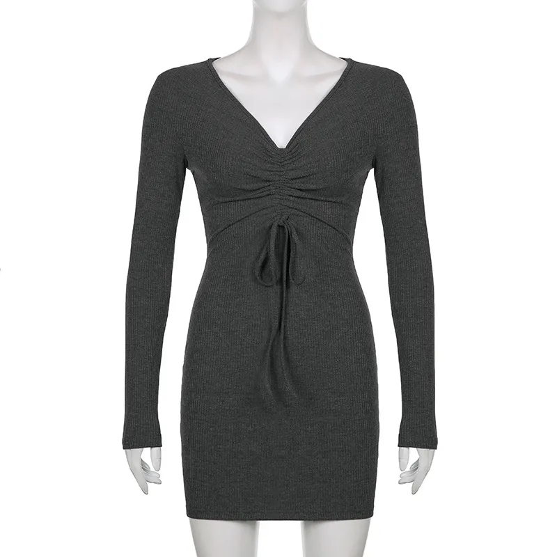 Vestido Justo de Malha com Mangas Longas e Cordão para Mulheres Casual
