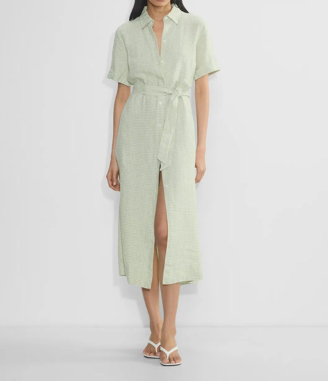 Vestido Casual Longo de Manga Curta com Cintura em Padrão de Cheque Verde Claro para Mulheres de Verão