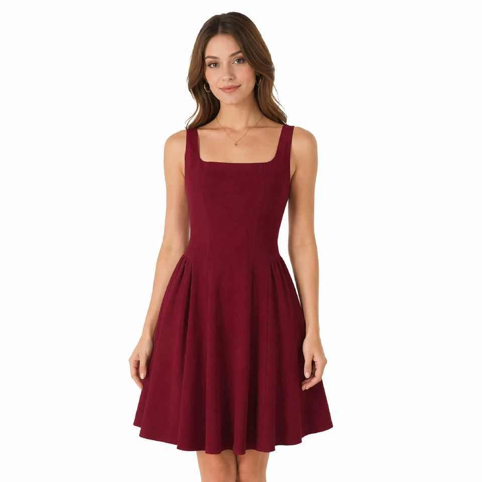 Vestido Mini Sem Mangas Preto Sólido com Gola Alta para Mulheres, Decote Quadrado, Corte A, Casual para Trabalho na Primavera, Outono e Verão