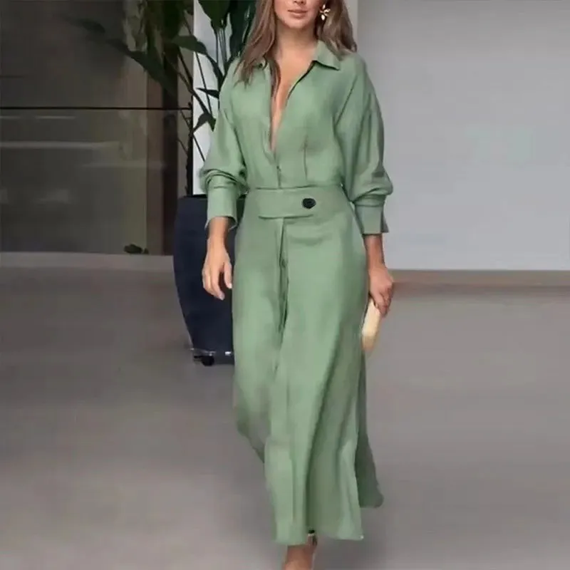 Vestido Feminino Elegante Manga Longa Lazer Cor Sólida Decote em V Sexy