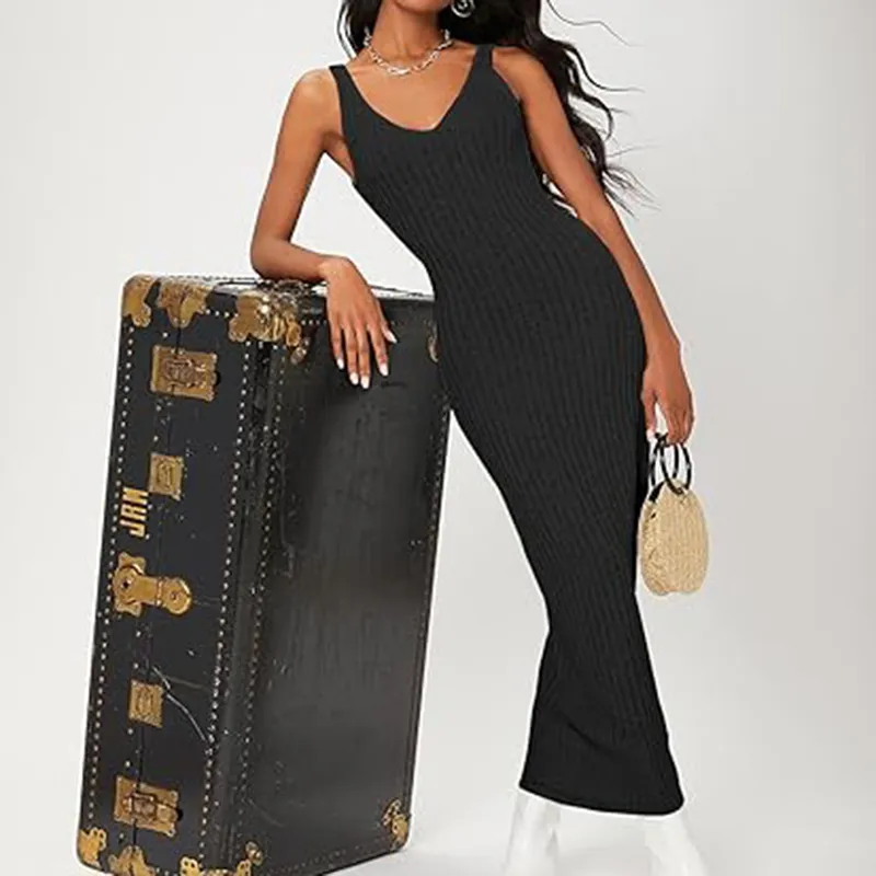 Vestido Midi Justo Feminino Sexy em Malha Canelada com Decote em V Casual Sem Mangas