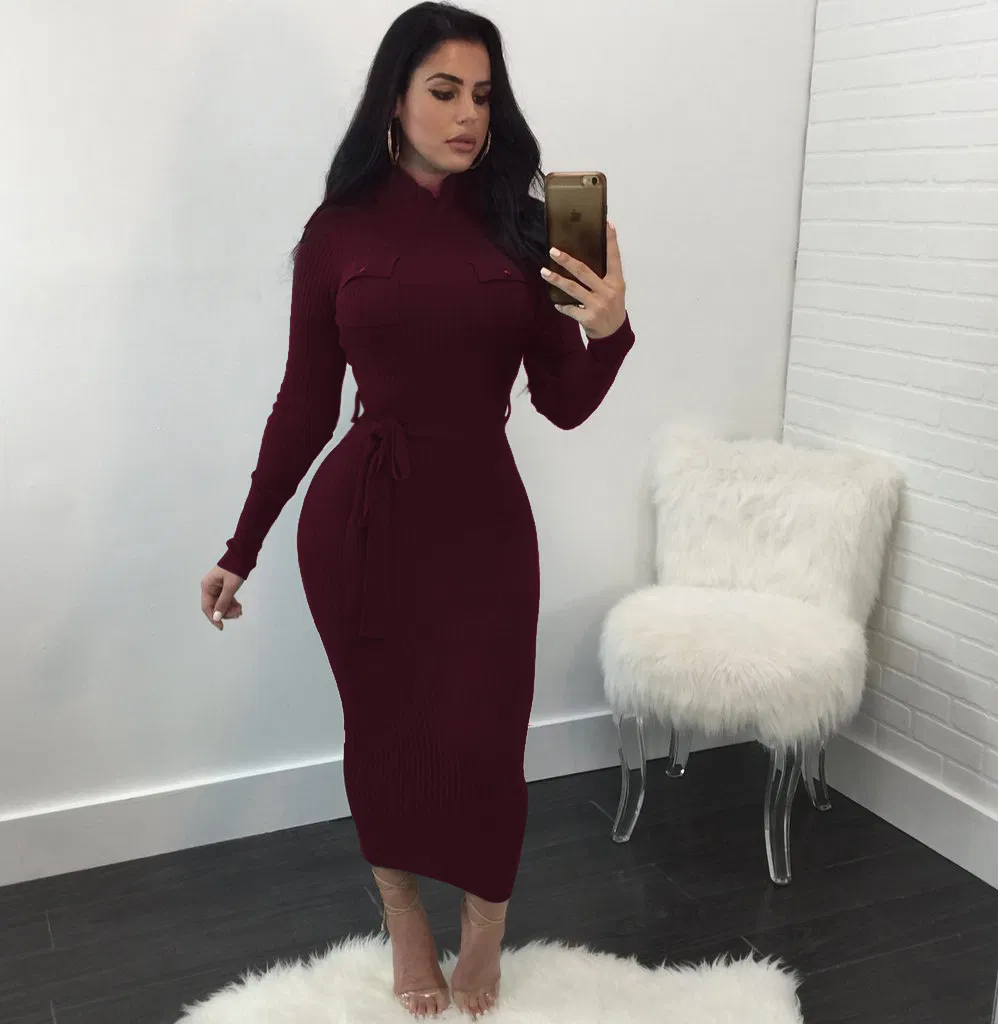 Vestidos de suéter maxi bodycon de malha de manga longa casuais de inverno para mulheres OEM