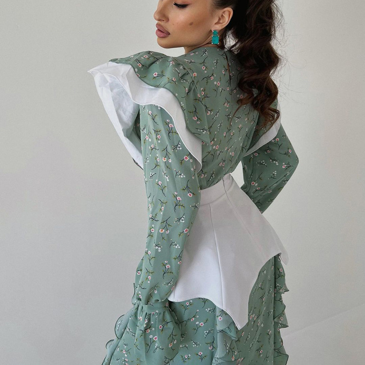 Estilo de Design Primavera e Outono Vestido de Manga Longa Cinto Removível Casual Floral Vestido Longo para Mulheres