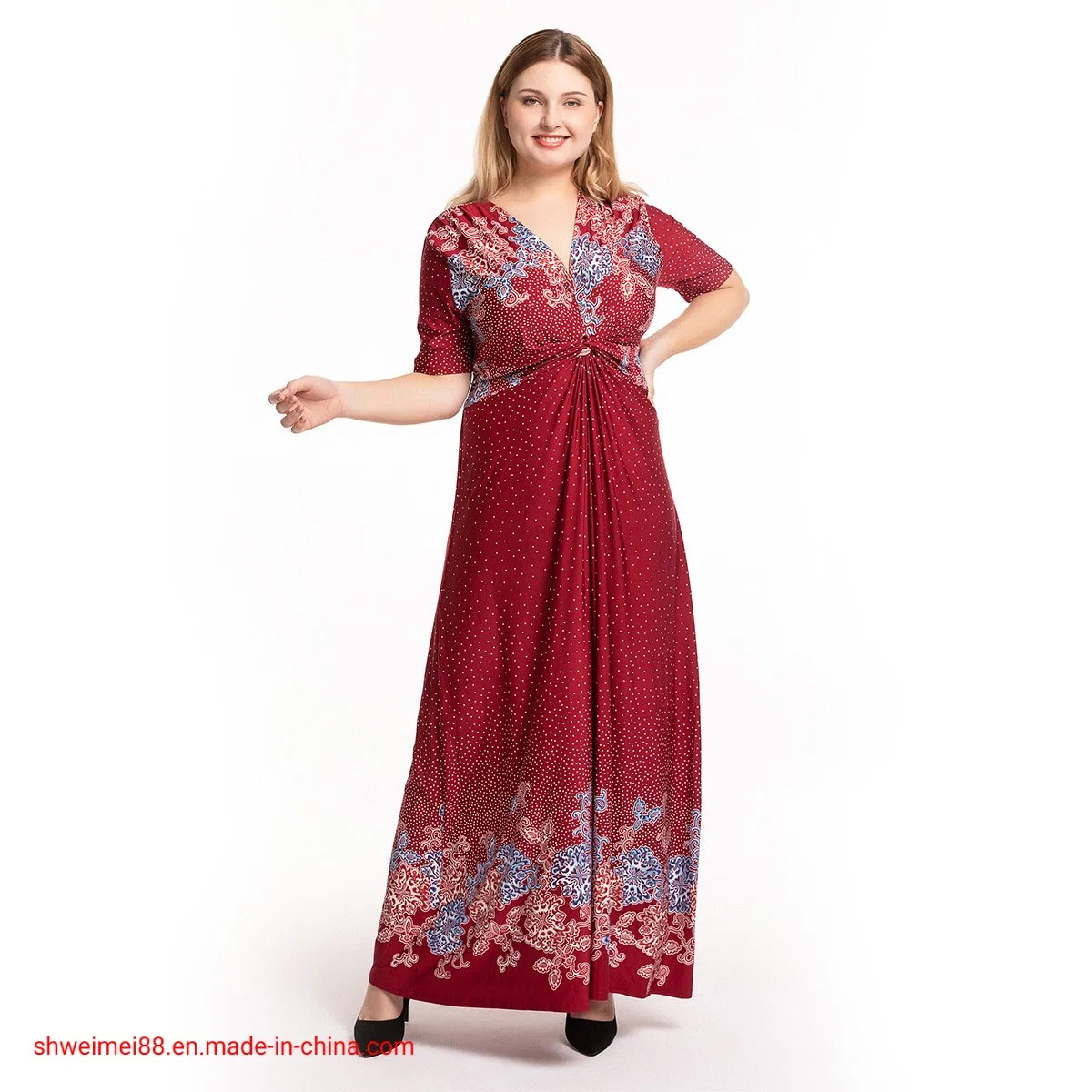 2020 Vestido Maxi Longo Casual de Verão com Manga Curta e Decote em V para Mulheres