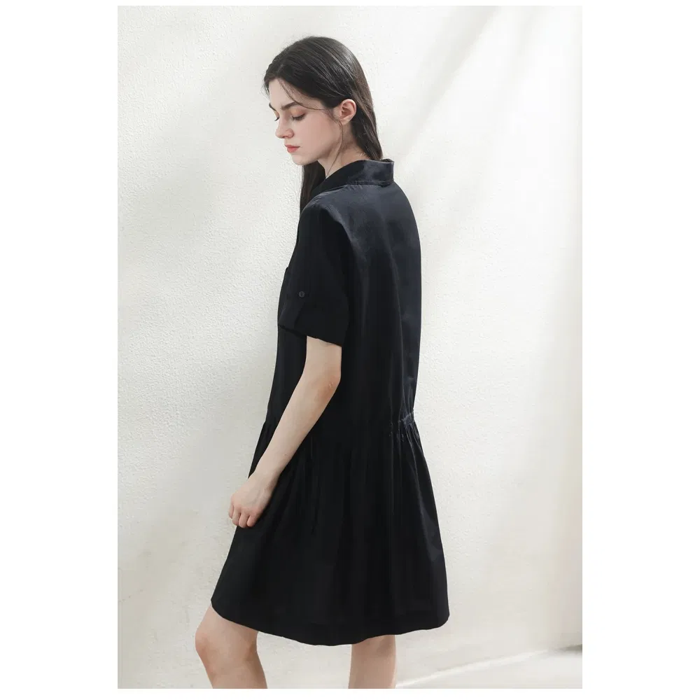 Vestido Midi Casual de Trabalho para Mulheres com Cintura Ajustável em Seda de Algodão de Luxo da China, Estilo Utilitário, Atacado