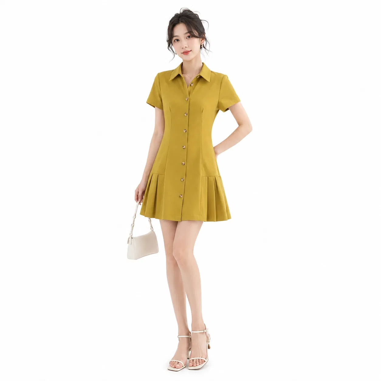 Vestido Camisa de Manga Curta com Botões e Barra Plissada Vestido Mini Casual para Mulheres Trabalho