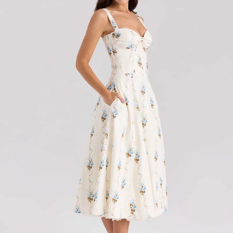 Casual Slip Dress Cream Floral Print Cotton Corset MIDI Dress
