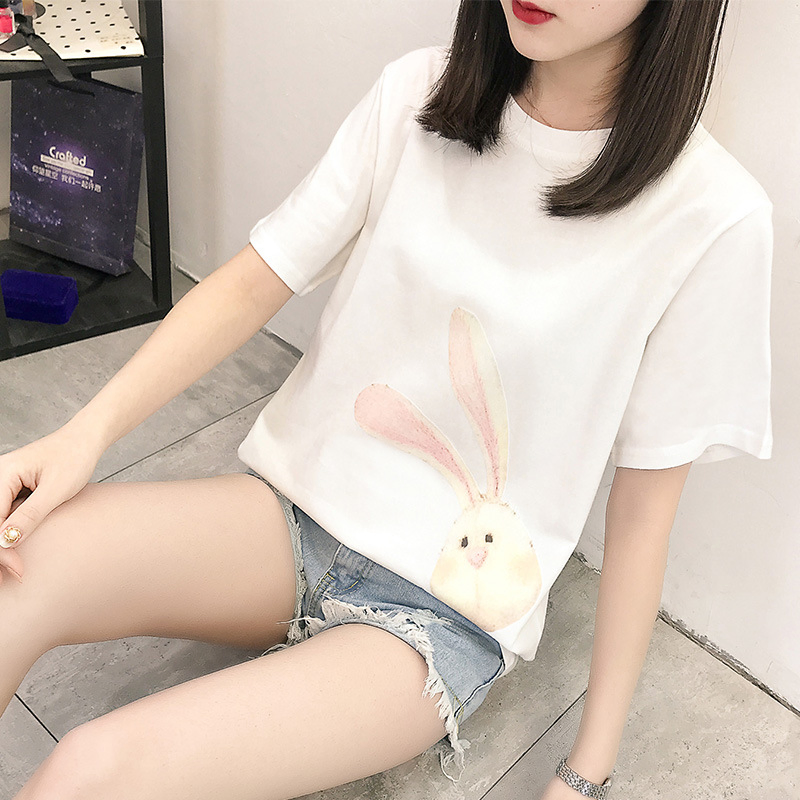 Blusas casuais femininas de impressão adorável de coelho, estilo coreano, feitas na China