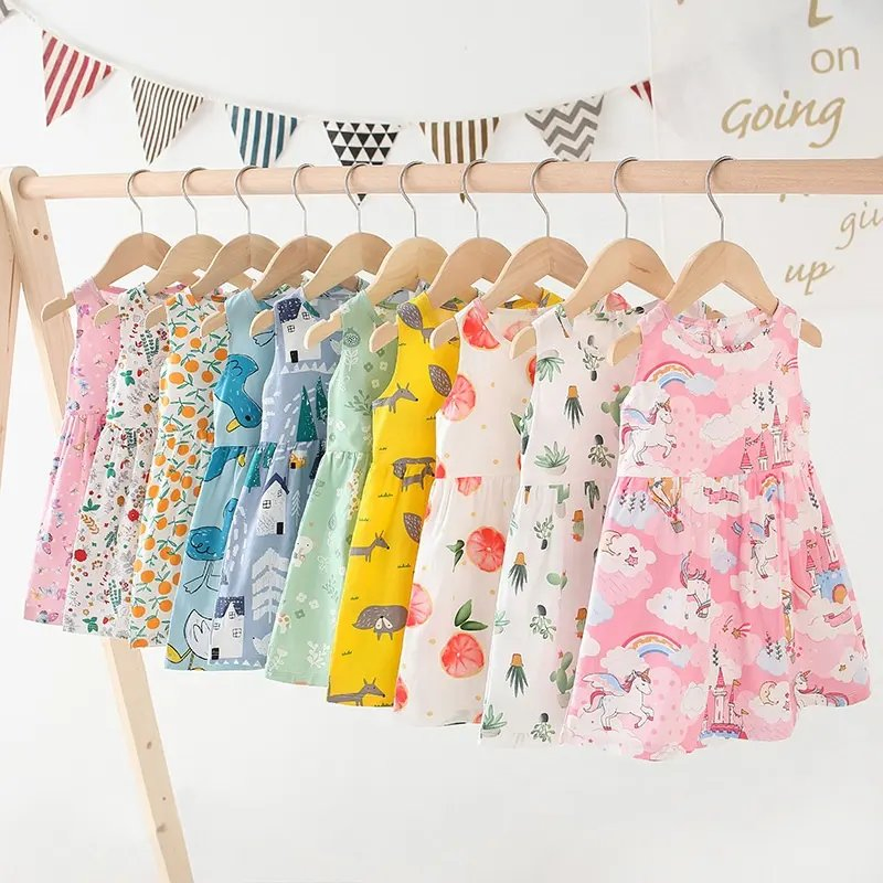 Vestido de Verão para Bebê Menina com Estampa Floral, Vestido Casual Sem Mangas em Bambu para Menina Pequena