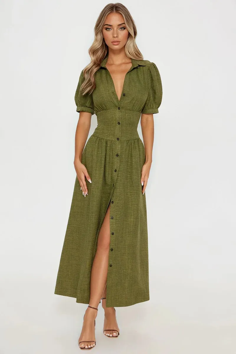 Vestido Maxi Longo de Linho Verde Oliva