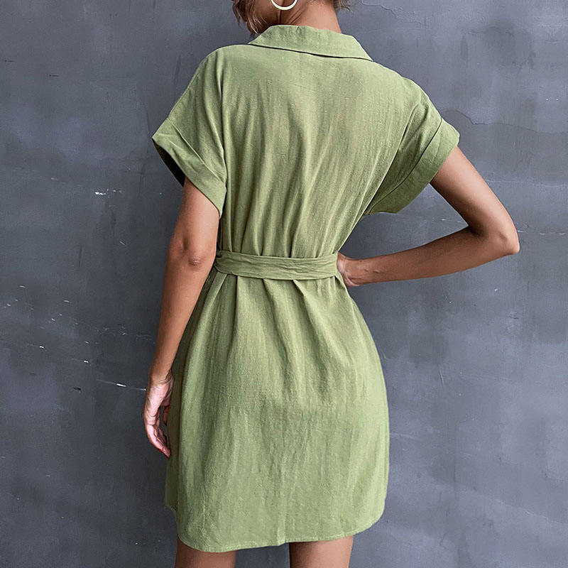 Vestido Casual Feminino de Manga Curta Verão Cor Sólida com Cinto