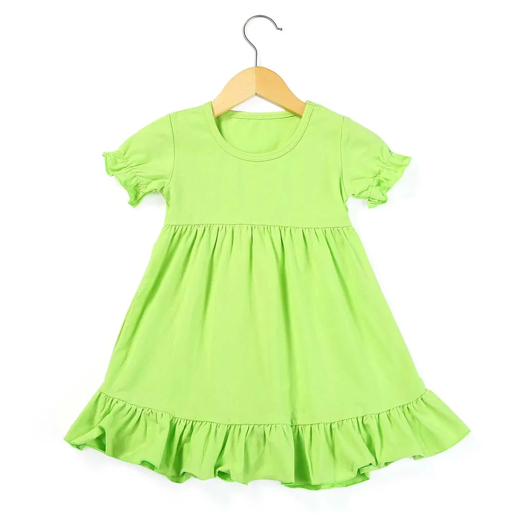 Vestido Casual de Verão Infantil de Manga Curta em Algodão Puro com Renda em Cores Sólidas