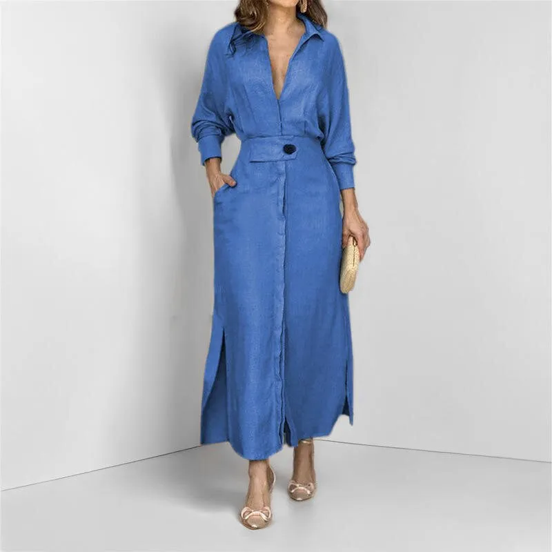 Vestido Camisa Feminino Sólido com Fenda Personalizável Casual Decote em V Manga Longa com Bolsos Saia Longa Vestido de Rua para Mulheres