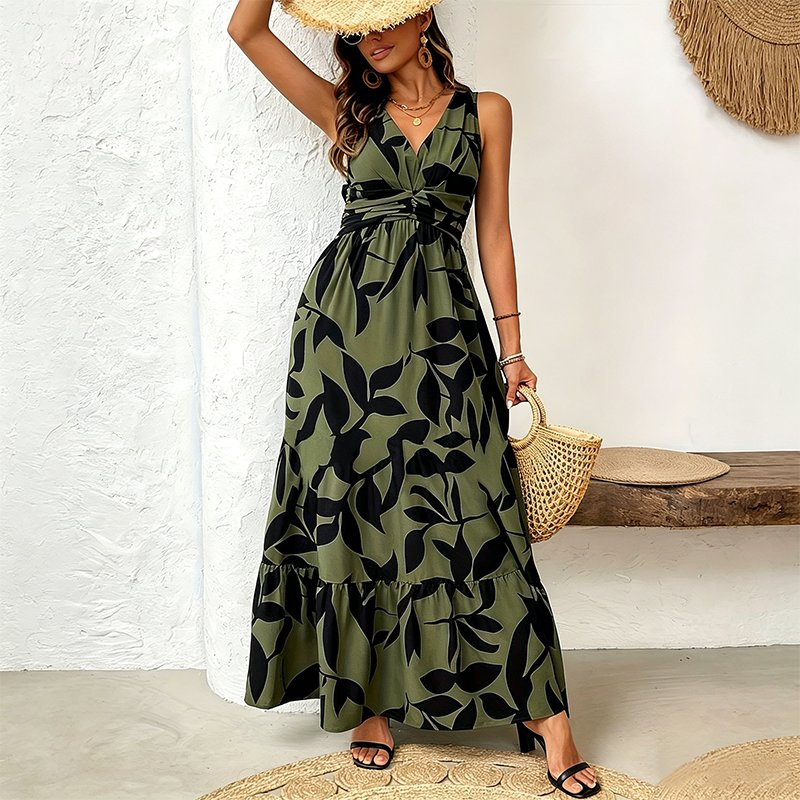 Vestido Maxi Sem Mangas com Estampa de Folhas Verdes Boho, Decote em V, Frente Torcida, Cintura Alta, Fluido, em Camadas, Casual de Verão para Praia