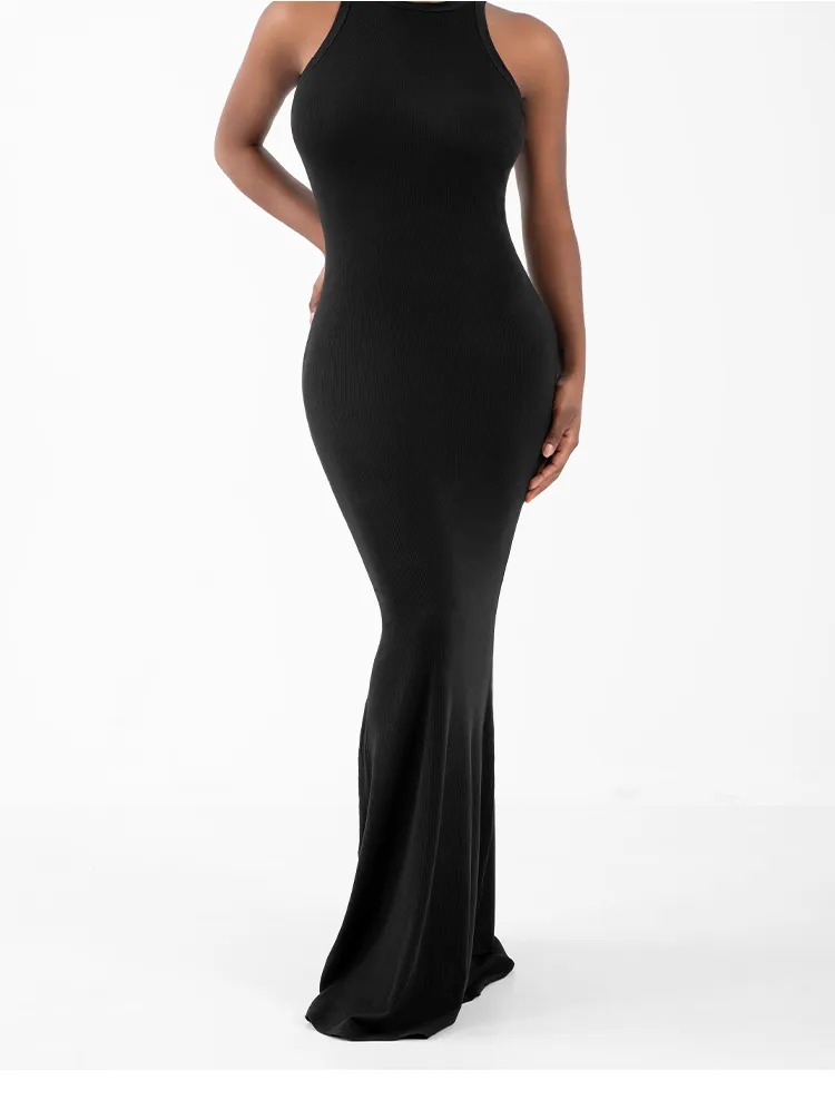 Vestido Maxi Casual Sem Mangas em Malha Ribana para Mulheres