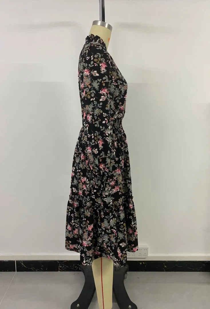 Vestido Floral Impresso de Manga Longa para Mulheres