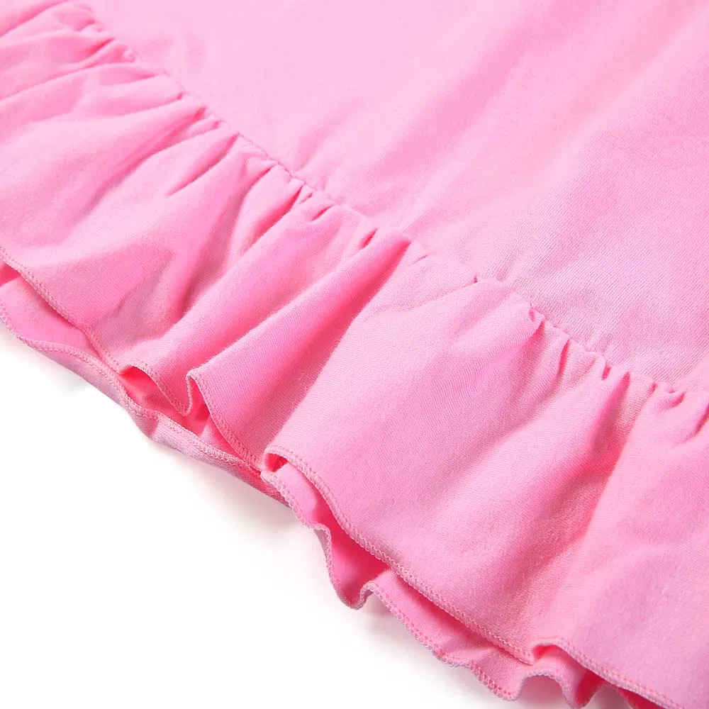 Vestido Casual de Verão Infantil de Manga Curta em Algodão Puro com Renda em Cores Sólidas