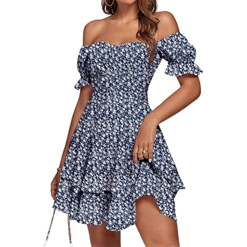Vestido casual de manga curta em camadas, plissado, estilo envolvente, com amarração nas costas e ombros à mostra
