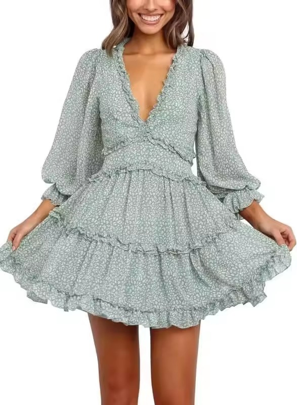 Vestido Casual de Manga Longa em V A-Line Boêmio para o Verão com Saia Curta