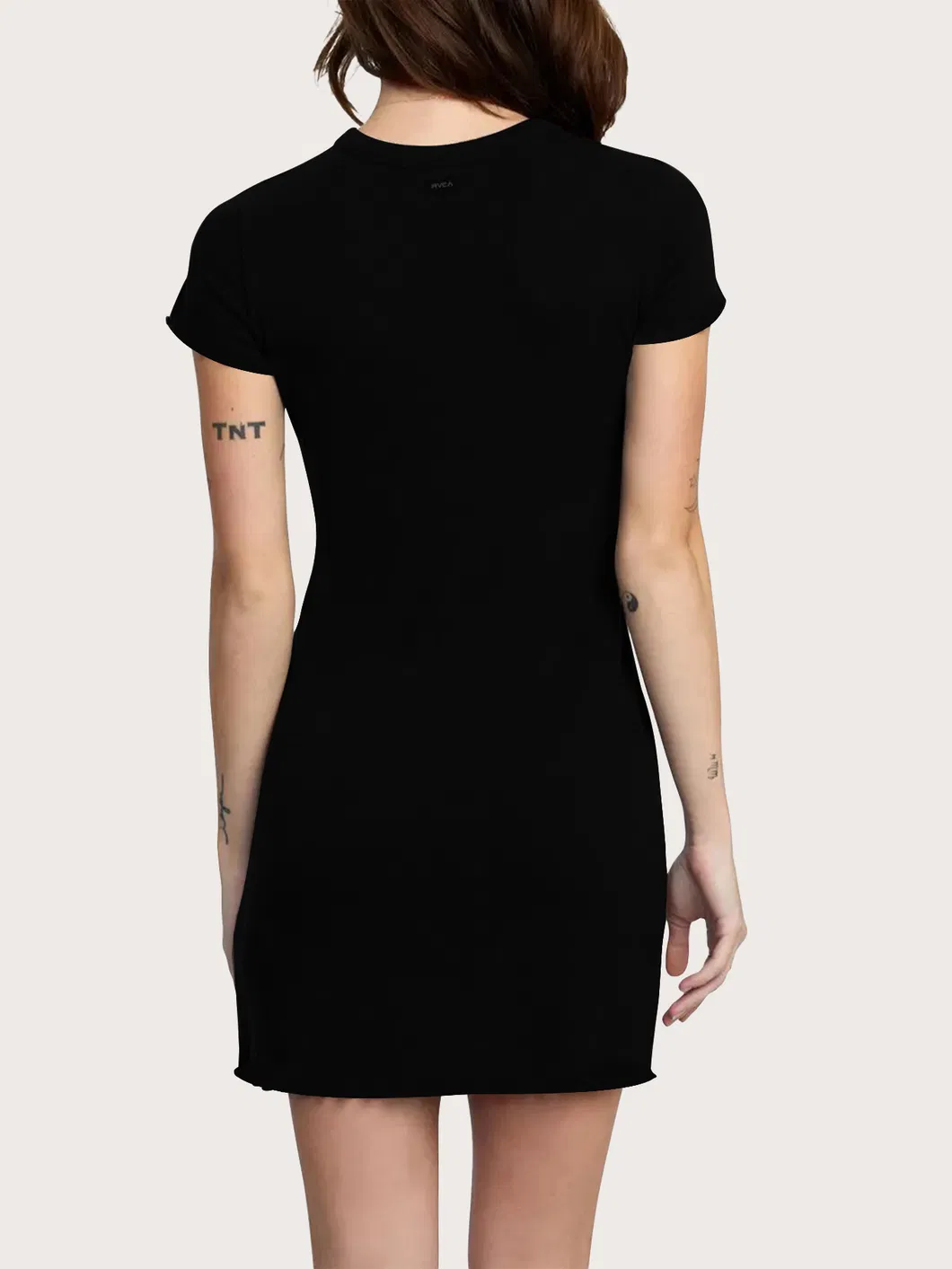 Vestido Simples Sólido, Casual com Gola Redonda, Manga Curta, Mini Vestido Preto