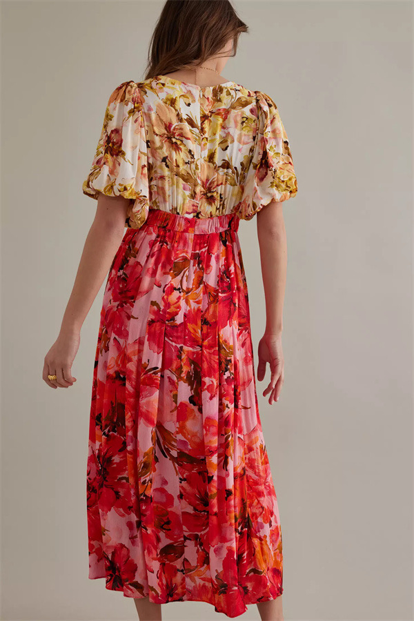 Vestido midi casual com mangas bufantes em contraste de cores, novo lançamento personalizado de fábrica