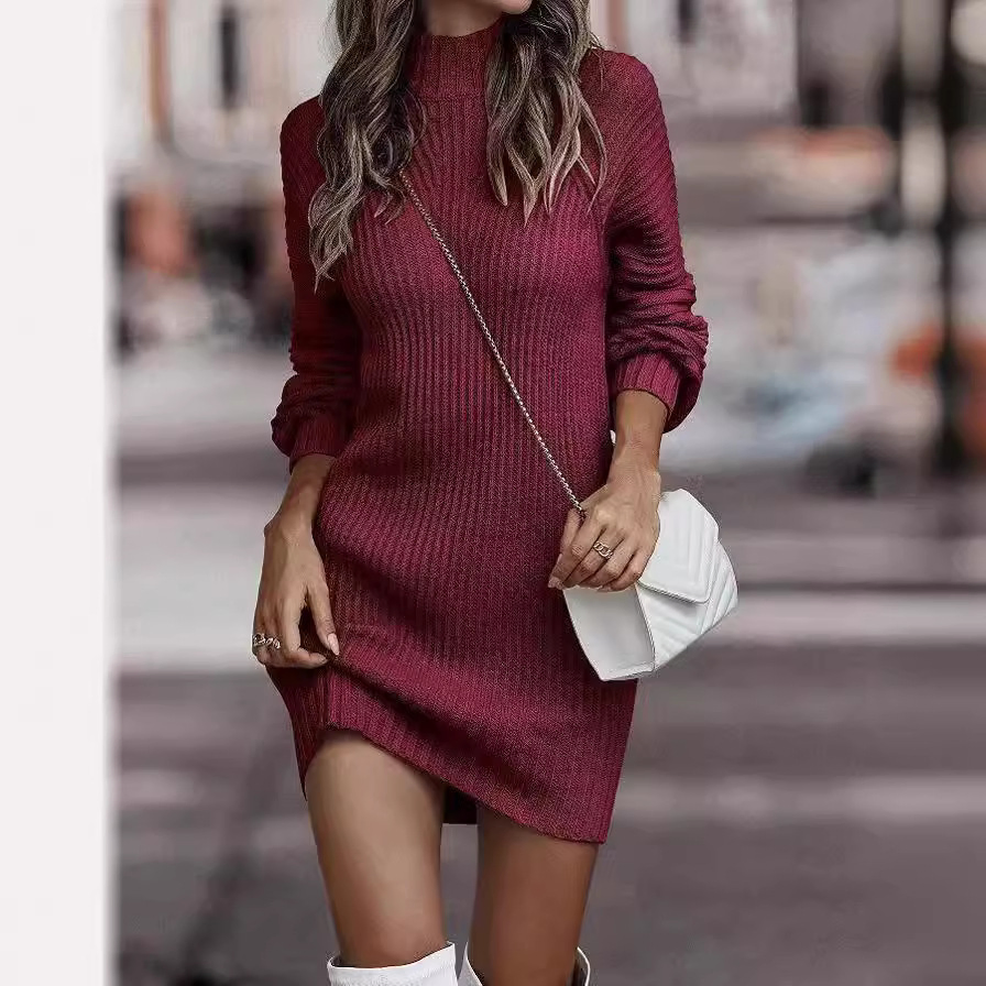 Vestido de malha de luxo de manga longa com gola alta para mulheres, casual, em várias cores, personalizado para outono e inverno