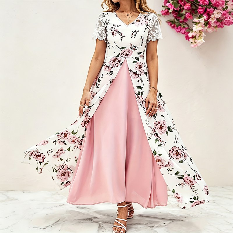 Vestido Maxi Floral para Mulheres com Decote em V, Renda, Mangas Curtas, Falso Dois Peças, Fenda Longa, Vestido Casual de Verão para Convidadas de Casamento, Vestido de Praia